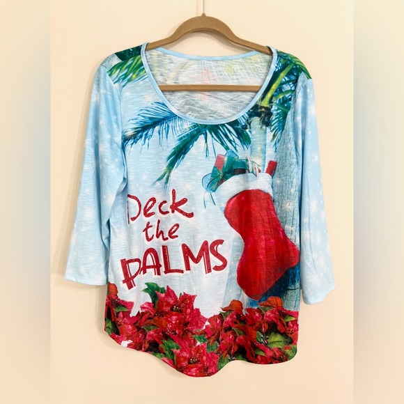SUN BAY Women's Deck the Palms 3/4 Sleeve‎ T-Shirt Christmas Holiday Size Large - Picture 1 of 10